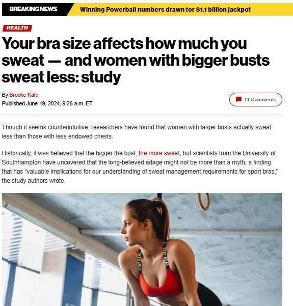 胸の大きい女性（巨乳女子）は貧乳より汗をかきにくいとの逆説的な研究結果 16439 3